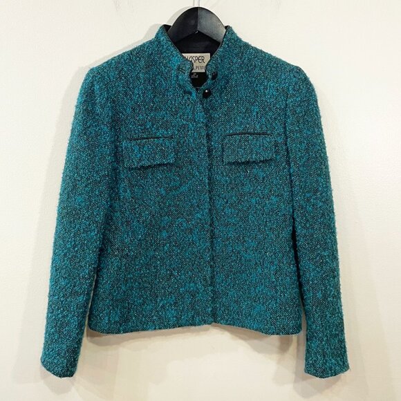 EUC Vintage Wool Blend Tweed Teal Mini Skirt Suit Kasper 2P, XS - Picture 2 of 12